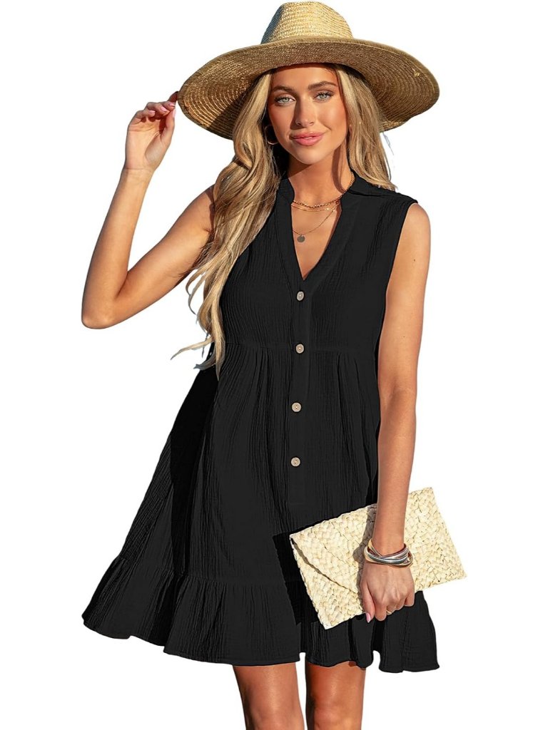 Womens Black Cotton Swimsuit Coverup Beach Cover Up Button Down Dress Ruffle Hem